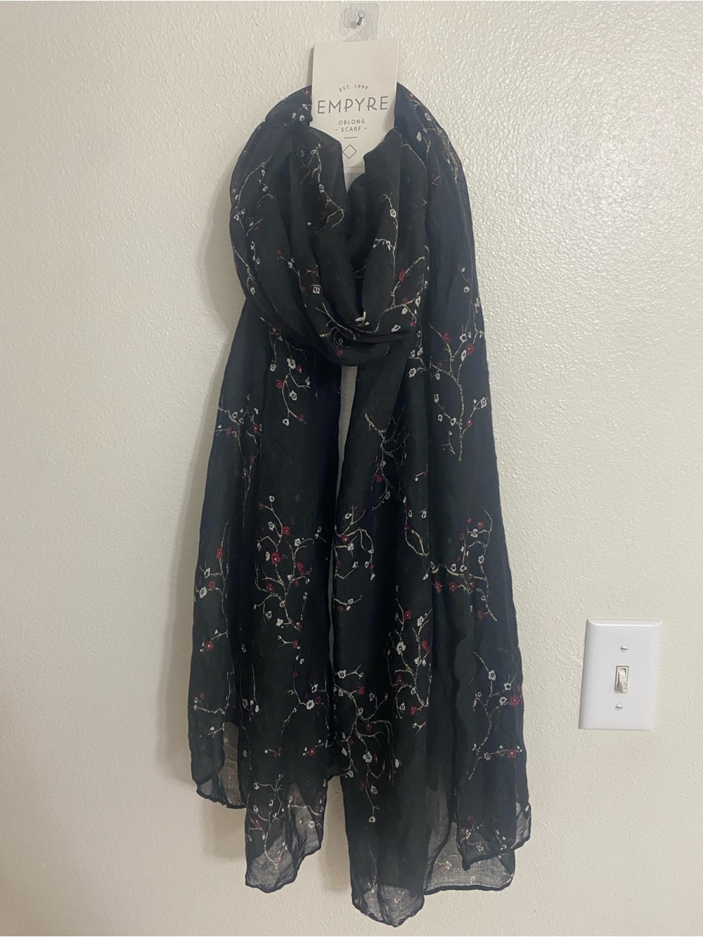 Empyre Black Scarf with Pink and Cream Floral Stitching
